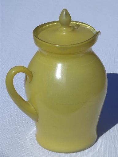 photo of pre depression glass vintage covered pitcher, yellow overlay w/ painted ship #3