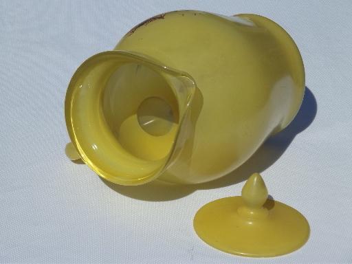 photo of pre depression glass vintage covered pitcher, yellow overlay w/ painted ship #4