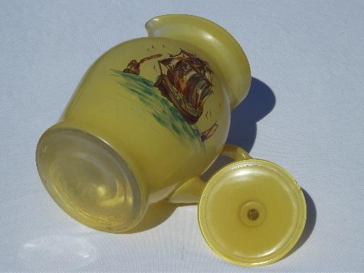 photo of pre depression glass vintage covered pitcher, yellow overlay w/ painted ship #5