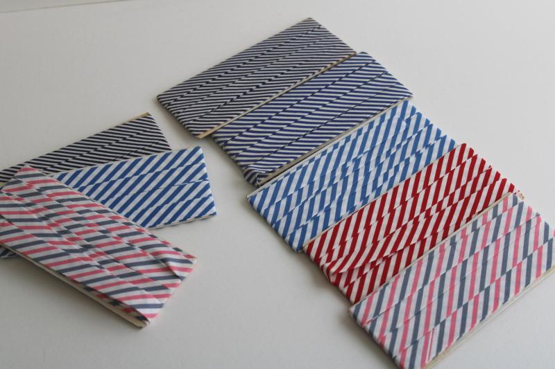 photo of preppy vintage cotton tape seam binding, red & blue stripes, pink / grey candy striped #2