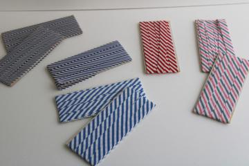 catalog photo of preppy vintage cotton tape seam binding, red & blue stripes, pink / grey candy striped