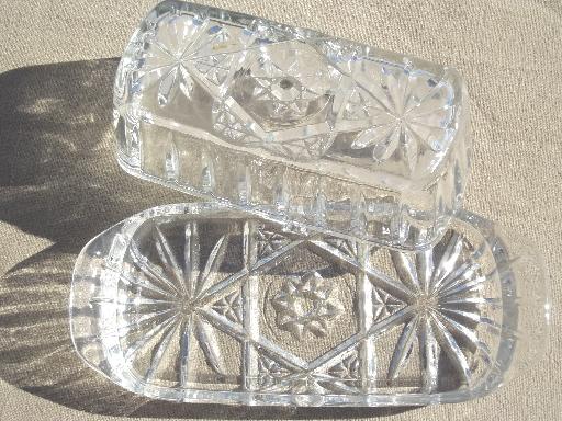 photo of prescut star pattern glass butter dish, butter plate & cover vintage EAPC #3