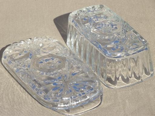 photo of prescut star pattern glass butter dish, butter plate & cover vintage EAPC #4