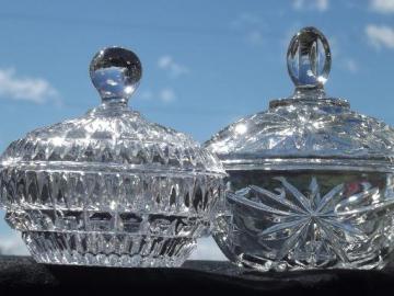 catalog photo of pressed glass candy dishes, 50s vintage crystal clear glass covered boxes