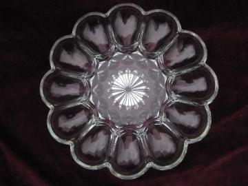 catalog photo of pressed glass egg plate, divided serving piece for deviled eggs