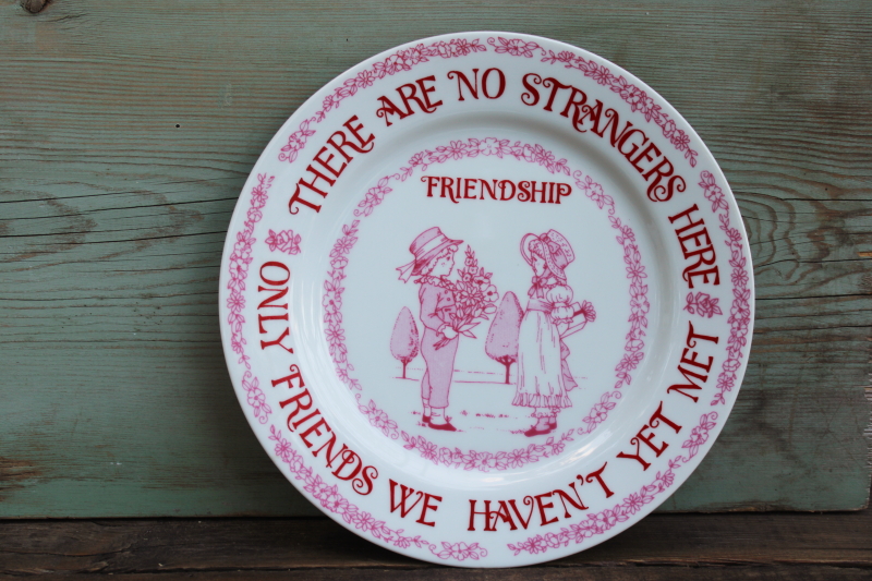photo of pretty pink print No Strangers, Just Friends We Haven't Yet Met vintage china plate  #1