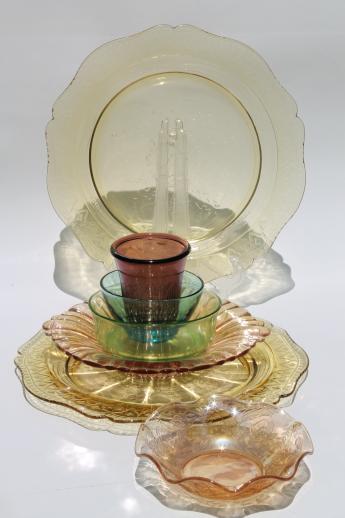 photo of pretty vintage colored glass plates & bowls lot, depression glass & reproductions #1