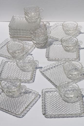 photo of pretzel pattern glass snack sets, square plates & tea cups, vintage pressed glass luncheon set #1