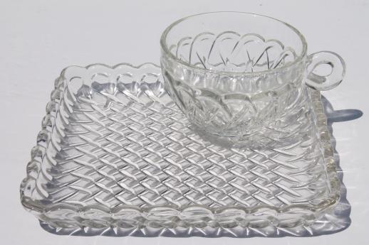 photo of pretzel pattern glass snack sets, square plates & tea cups, vintage pressed glass luncheon set #2