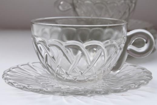 photo of pretzel pattern vintage glass cups & saucers, set of 6 cup & saucer sets #3