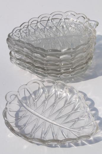 photo of pretzel pattern vintage glass olive dishes, set of 6 leaf shaped plates #2