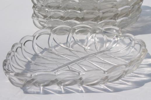 photo of pretzel pattern vintage glass olive dishes, set of 6 leaf shaped plates #3