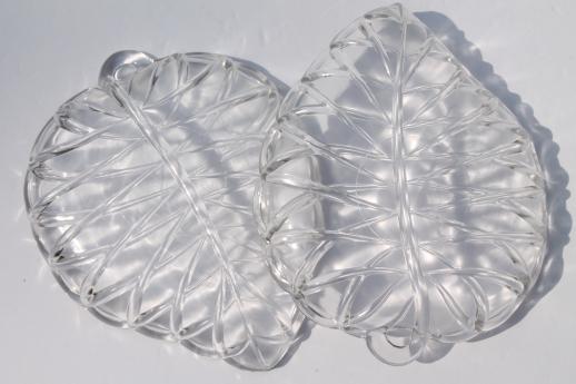 photo of pretzel pattern vintage glass olive dishes, set of 6 leaf shaped plates #5