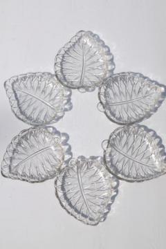 catalog photo of pretzel pattern vintage glass olive dishes, set of 6 leaf shaped plates