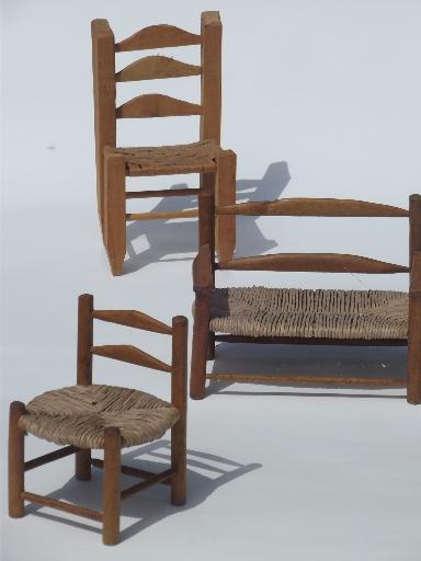 photo of prim country shaker chairs for dolls or bears, old wood toy chair set #1