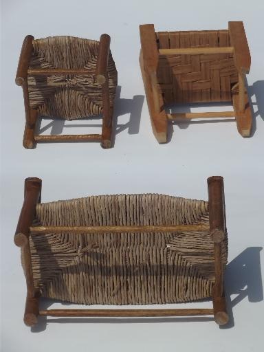 photo of prim country shaker chairs for dolls or bears, old wood toy chair set #4