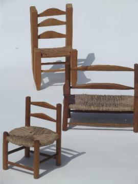 catalog photo of prim country shaker chairs for dolls or bears, old wood toy chair set