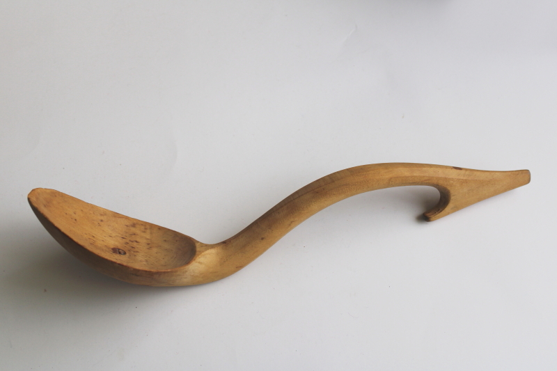 photo of primitive antique carved pine wood spoon, rustic handmade ladle w/ hooked handle  #1
