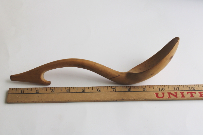 photo of primitive antique carved pine wood spoon, rustic handmade ladle w/ hooked handle  #2