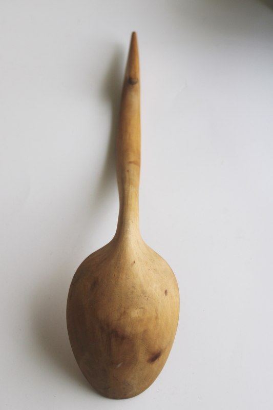 photo of primitive antique carved pine wood spoon, rustic handmade ladle w/ hooked handle  #3