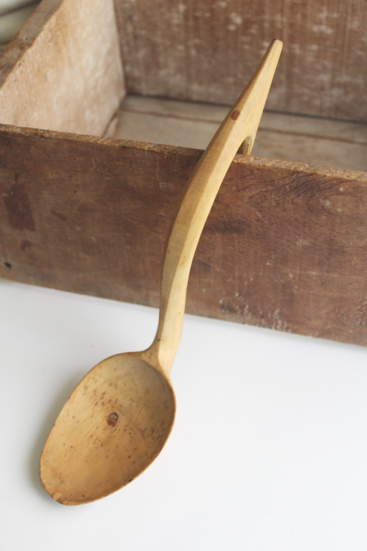 photo of primitive antique carved pine wood spoon, rustic handmade ladle w/ hooked handle  #4