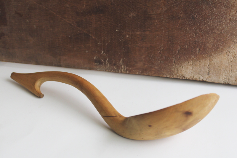 photo of primitive antique carved pine wood spoon, rustic handmade ladle w/ hooked handle  #5