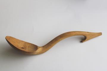 catalog photo of primitive antique carved pine wood spoon, rustic handmade ladle w/ hooked handle 
