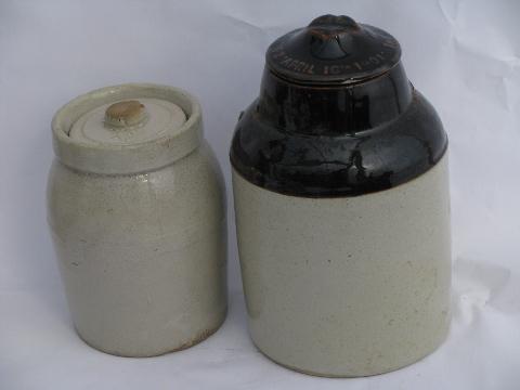 photo of primitive antique crock jars, old stoneware pottery crockery canisters #1