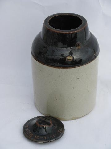 photo of primitive antique crock jars, old stoneware pottery crockery canisters #3
