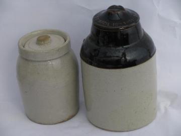 catalog photo of primitive antique crock jars, old stoneware pottery crockery canisters