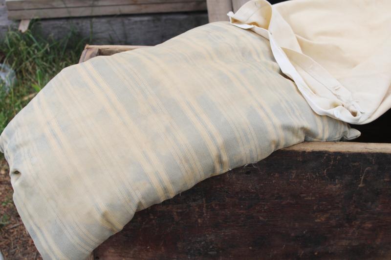 photo of primitive antique faded cotton ticking stripe feather pillow, feed sack fabric pillowcase #1