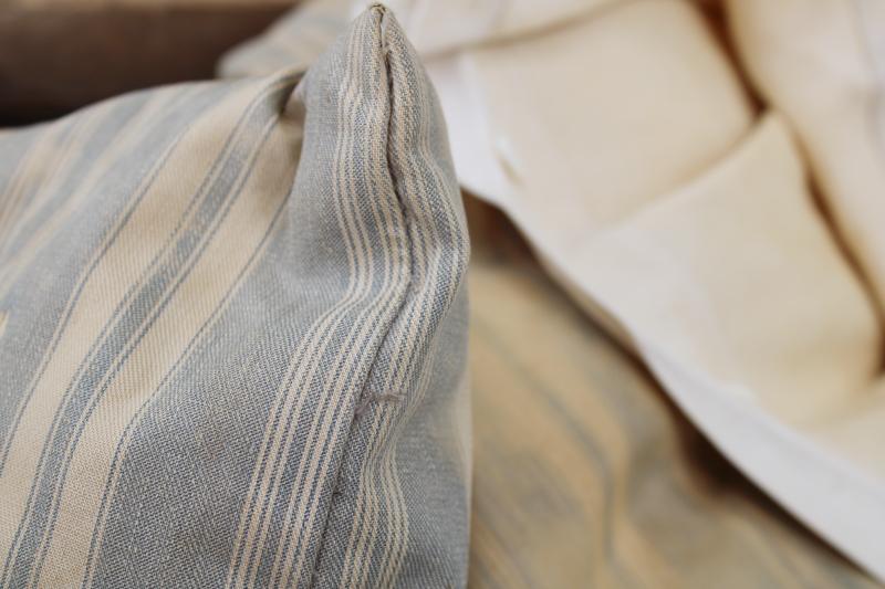 photo of primitive antique faded cotton ticking stripe feather pillow, feed sack fabric pillowcase #4