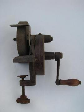 catalog photo of primitive antique farm tool hand grinder for sharpening knives etc.