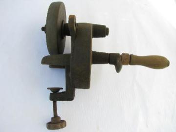 catalog photo of primitive antique farm tool hand grinder for sharpening knives & tools