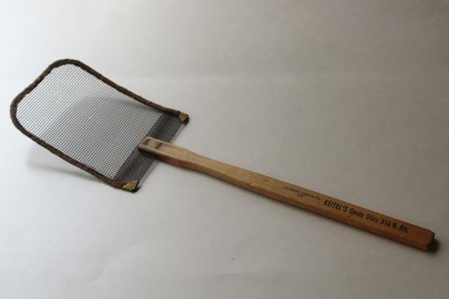 photo of primitive antique fly swatter, window screen wire w/ wood handle candy store funeral furniture #1