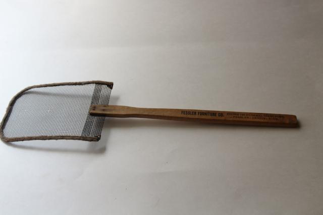 photo of primitive antique fly swatter, window screen wire w/ wood handle candy store funeral furniture #2