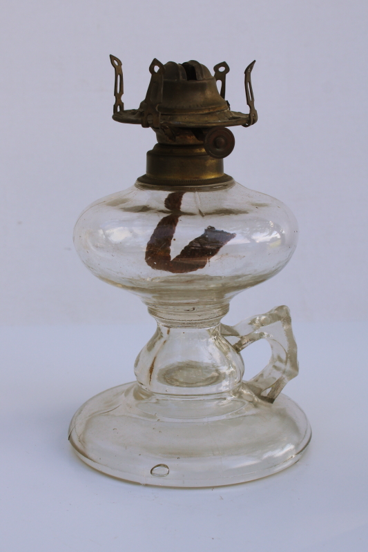 photo of primitive antique glass finger lamp, 1800s vintage kerosene oil lamp w/ burner  #1