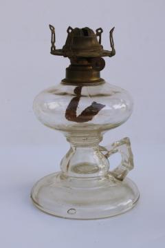 catalog photo of primitive antique glass finger lamp, 1800s vintage kerosene oil lamp w/ burner 