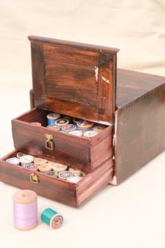 catalog photo of primitive antique make do sewing chest drawers, finger jointed wood box thread cabinet