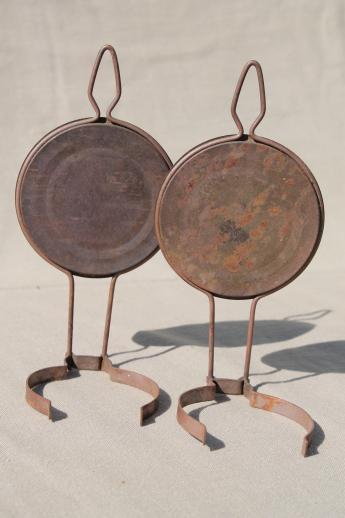 photo of primitive antique metal oil lamp reflectors, wall hanger lamp holders for small oil lamps #1