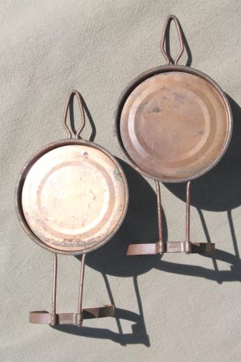 photo of primitive antique metal oil lamp reflectors, wall hanger lamp holders for small oil lamps #3