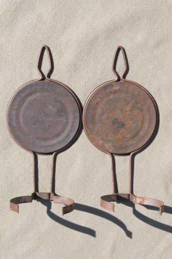 photo of primitive antique metal oil lamp reflectors, wall hanger lamp holders for small oil lamps #4