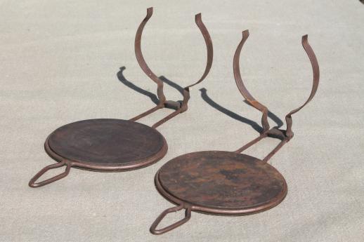 photo of primitive antique metal oil lamp reflectors, wall hanger lamp holders for small oil lamps #5