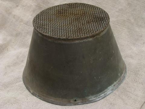 photo of primitive antique tinned brass dairy strainer, old cheese press sieve #2