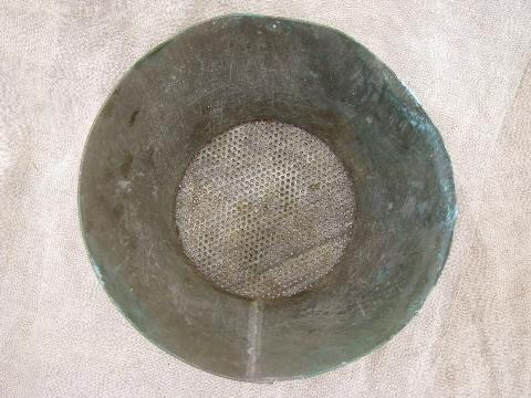 photo of primitive antique tinned brass dairy strainer, old cheese press sieve #3