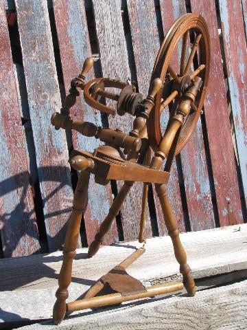 photo of primitive antique vintage wood spinning wheel for homespun wool yarn #2