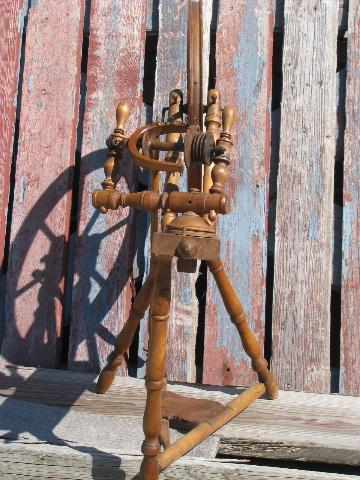 photo of primitive antique vintage wood spinning wheel for homespun wool yarn #7