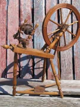 catalog photo of primitive antique vintage wood spinning wheel for homespun wool yarn