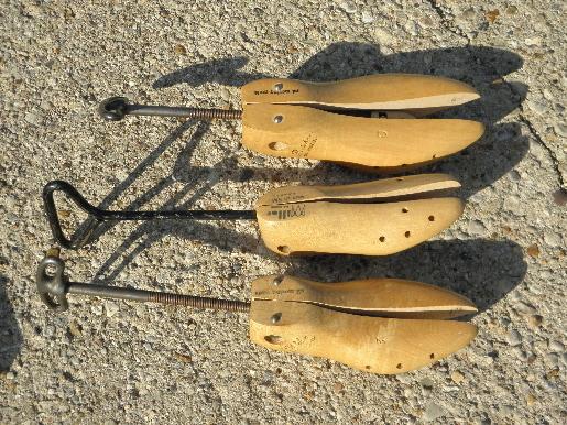 photo of primitive antique wood foot form adjustable iron shoe stretchers lot #4