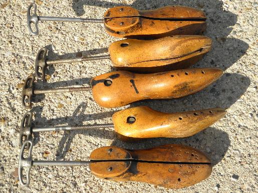 photo of primitive antique wood foot form adjustable iron shoe stretchers lot #6